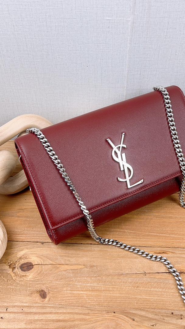 YSL Burgundy Grained Calfskin Medium Kate (SHW)
