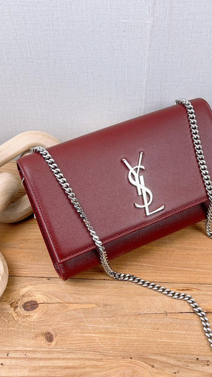 YSL Burgundy Grained Calfskin Medium Kate (SHW)