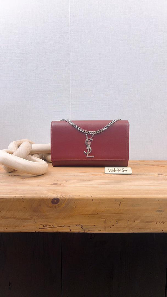 YSL Burgundy Grained Calfskin Medium Kate (SHW)