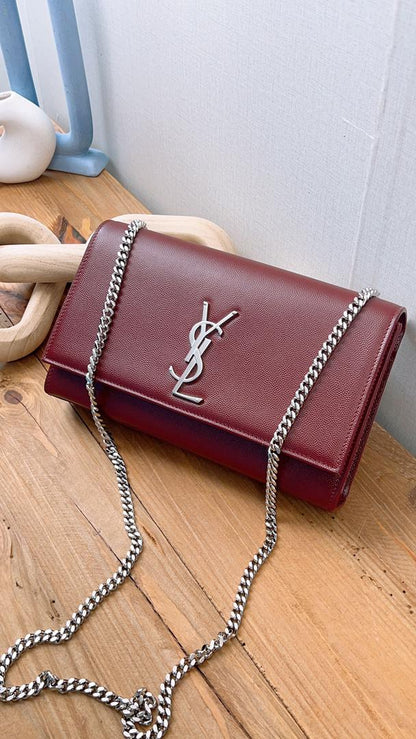 YSL Burgundy Grained Calfskin Medium Kate (SHW)