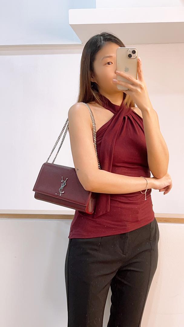 YSL Burgundy Grained Calfskin Medium Kate (SHW)