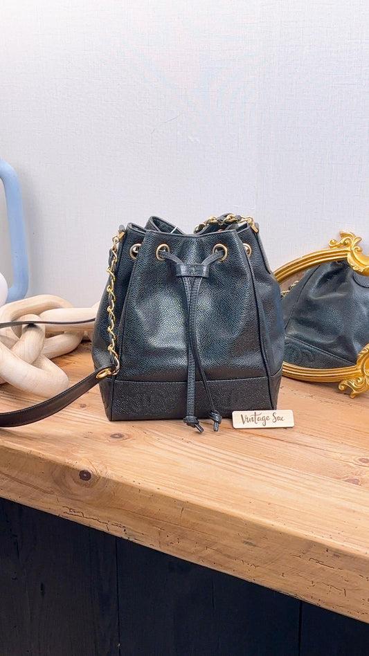 Chanel Black Caviar Vintage Drawstring Small Bucket Bag (GHW)
