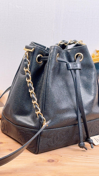 Chanel Black Caviar Vintage Drawstring Small Bucket Bag (GHW)