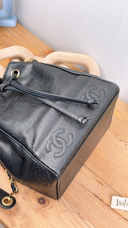 Chanel Black Caviar Vintage Drawstring Small Bucket Bag (GHW)