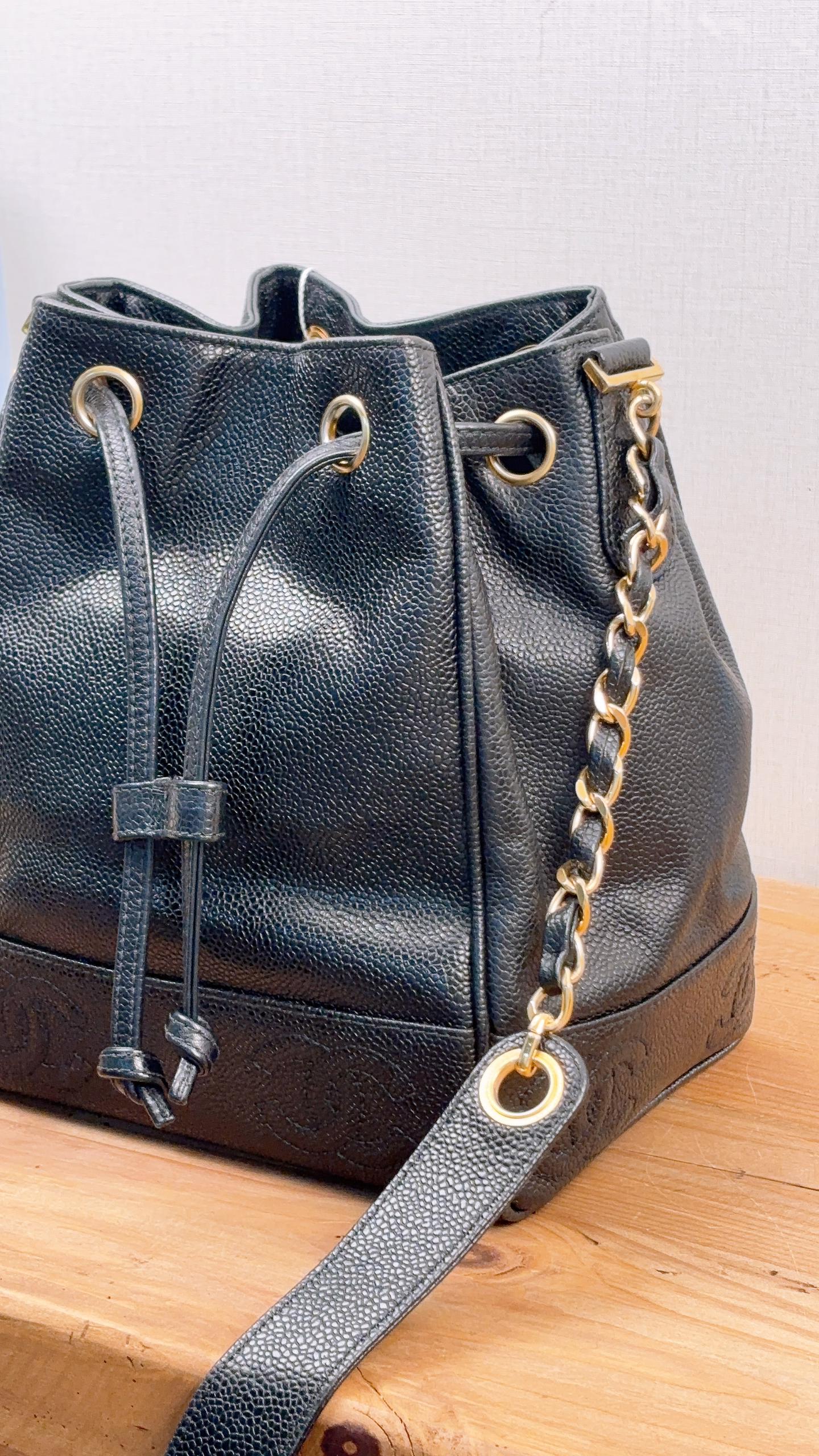 Chanel Black Caviar Vintage Drawstring Small Bucket Bag (GHW)