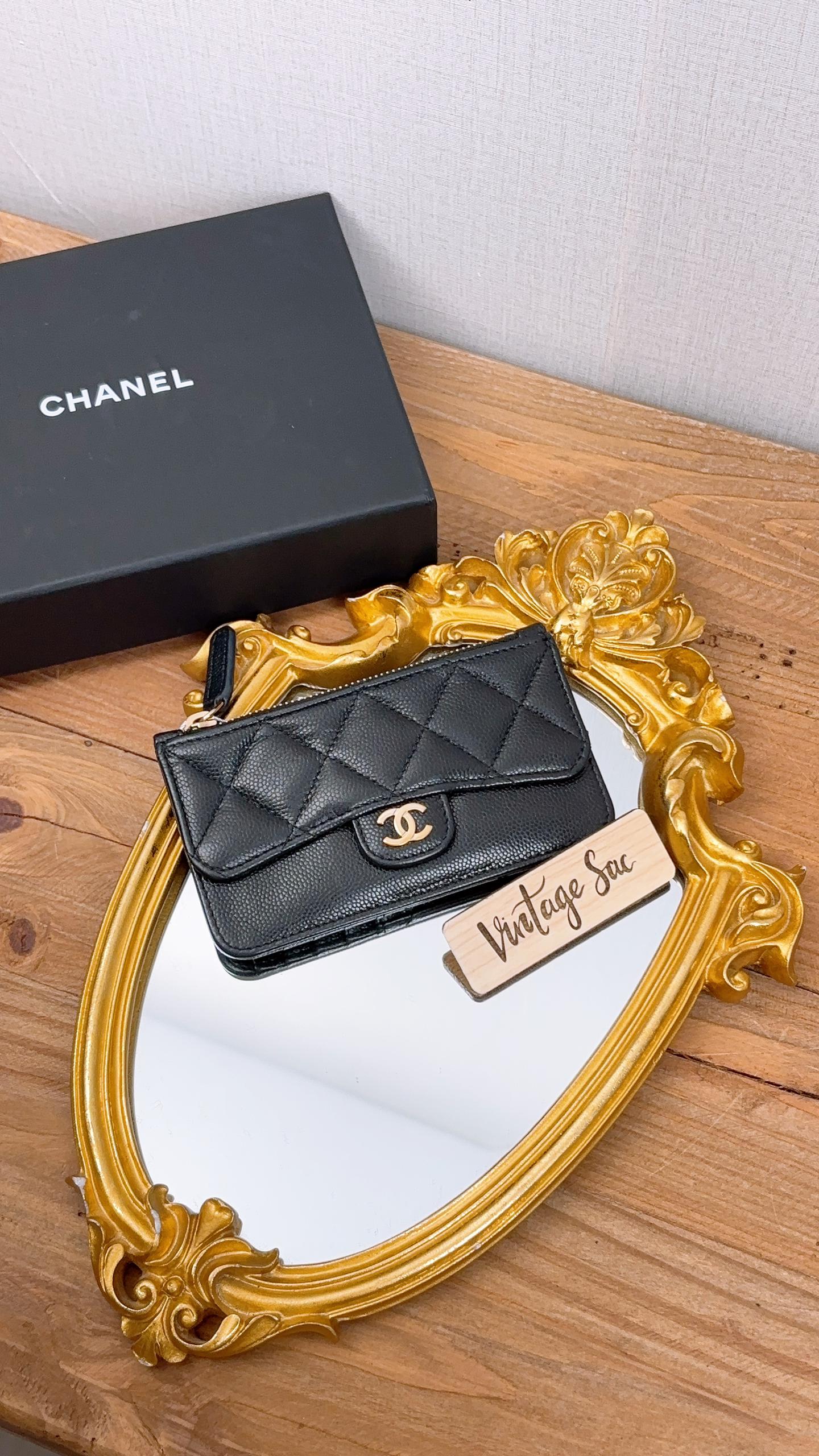 Chanel Black Caviar Flap Zip Card Holder (GHW)