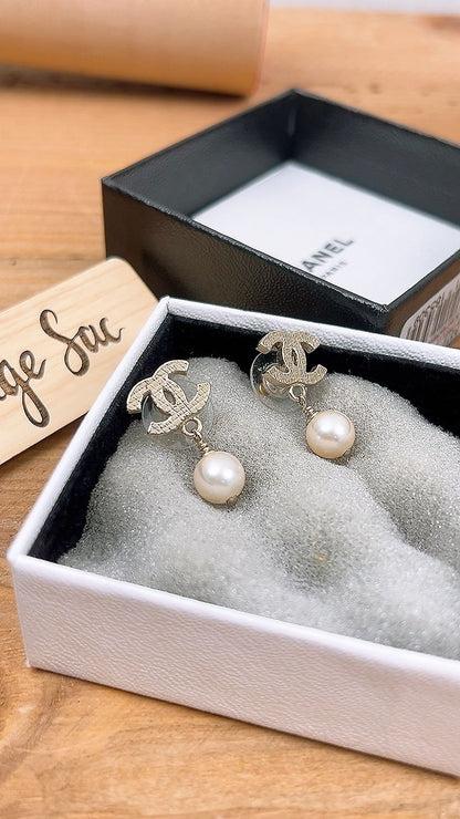 Chanel Gold CC x Pearl Earrings