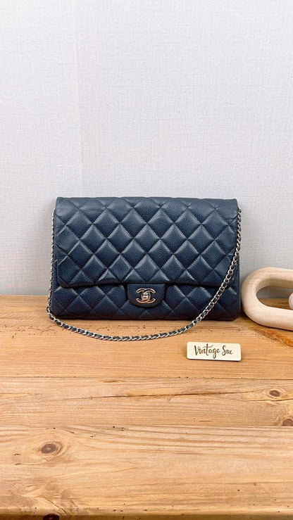 Chanel Navy Caviar Clutch On Chain (SHW)