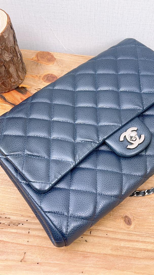 Chanel Navy Caviar Clutch On Chain (SHW)