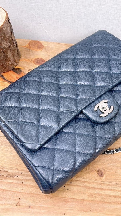 Chanel Navy Caviar Clutch On Chain (SHW)