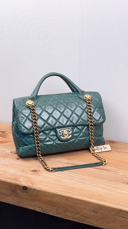 Chanel Green Distressed Glazed Calfskin Rock Castle Flap Bag (GHW)
