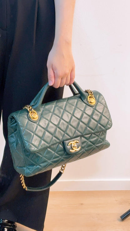 Chanel Green Distressed Glazed Calfskin Rock Castle Flap Bag (GHW)