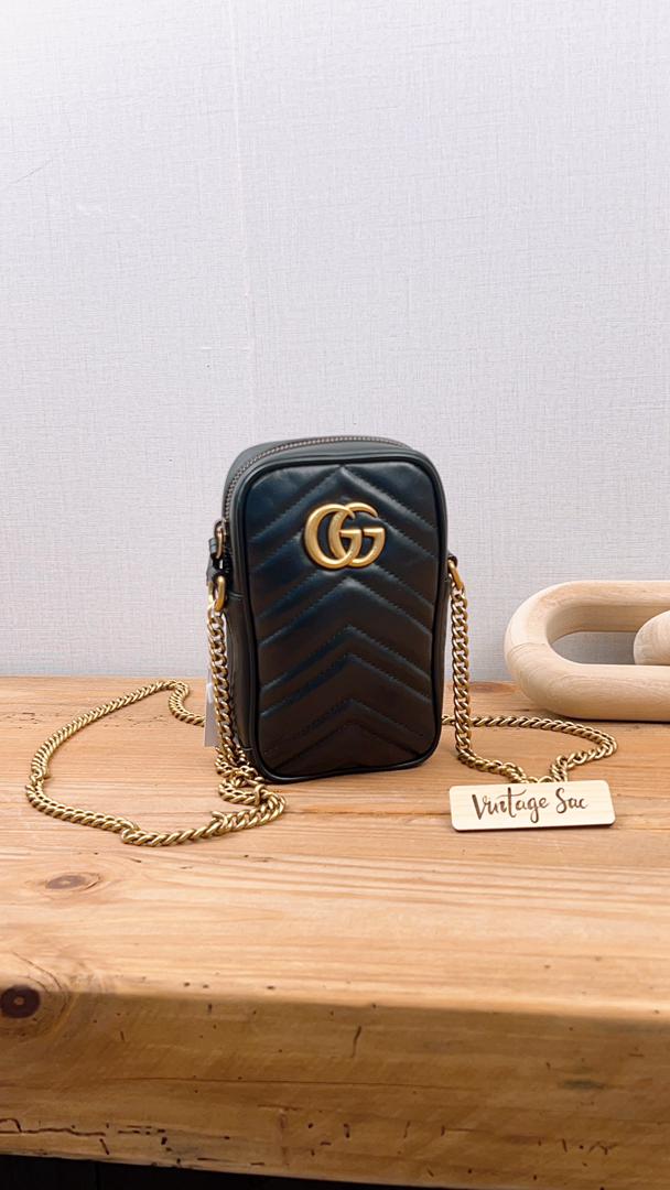 Gucci Black Calfskin Vertical Marmont Mini Crossbody Bag (GHW)