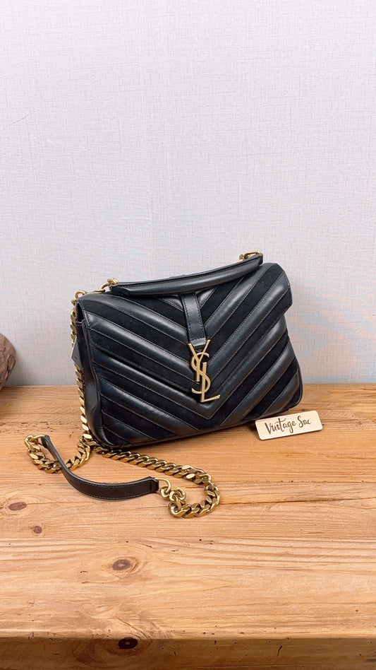 YSL Black Calfskin x Suede Medium College Bag (GHW)