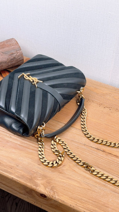 YSL Black Calfskin x Suede Medium College Bag (GHW)