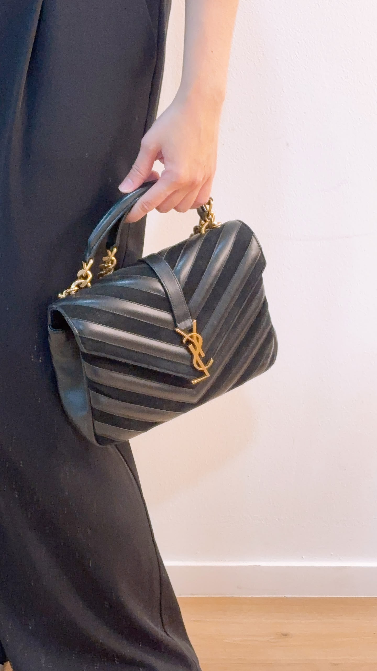 YSL Black Calfskin x Suede Medium College Bag (GHW)