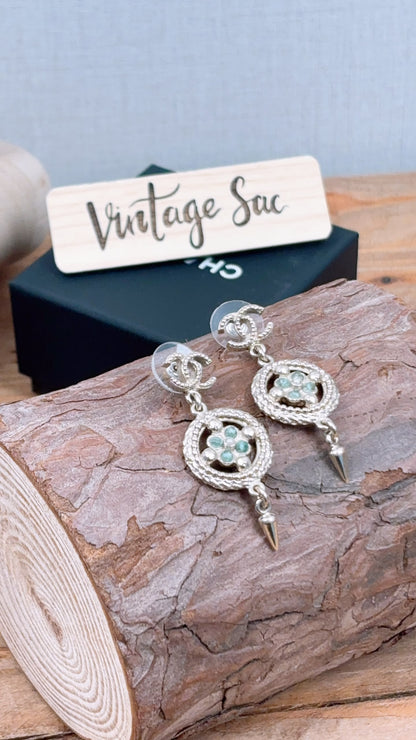Chanel Light Gold Round Green Crystal Floral Earrings