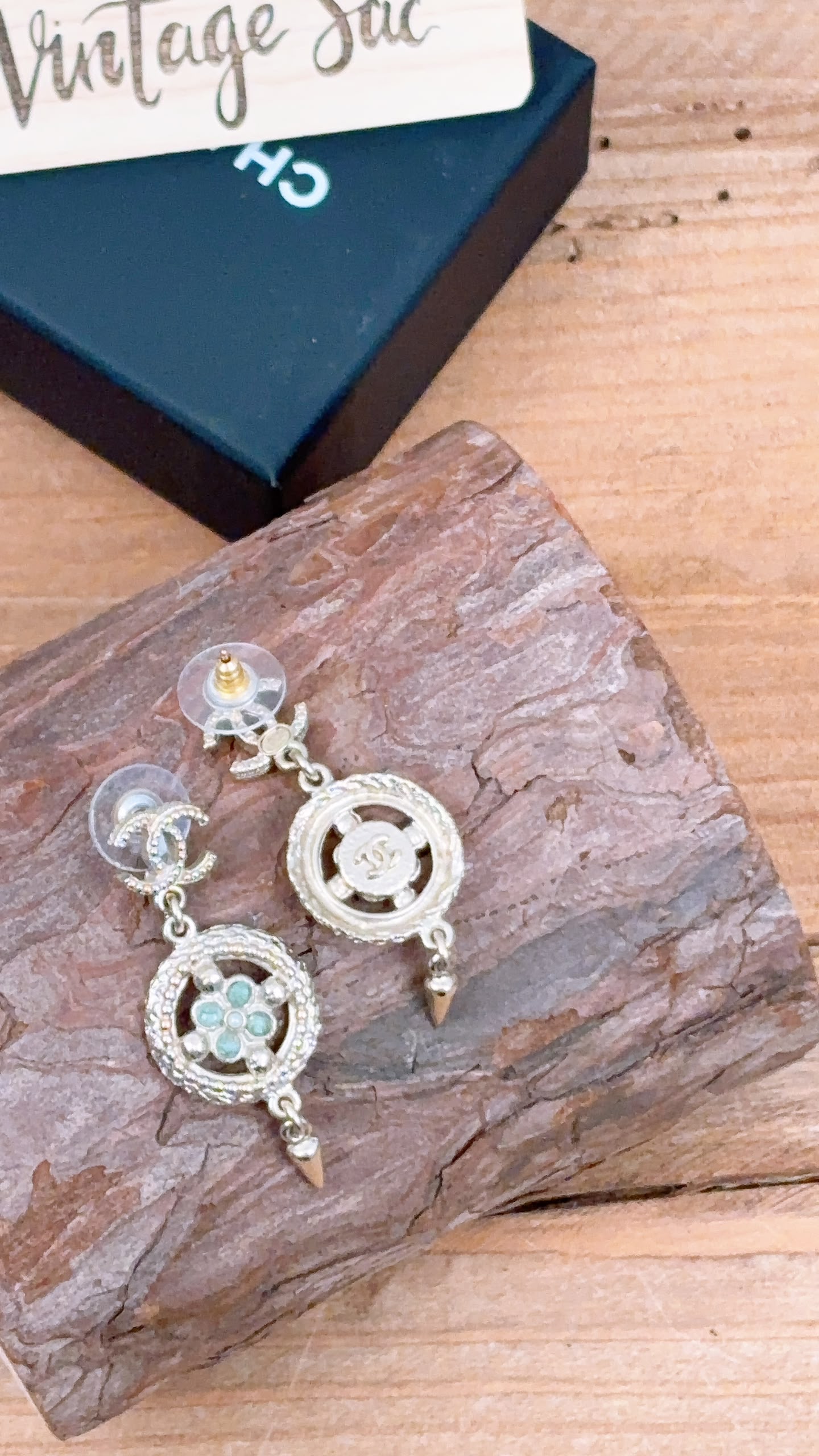 Chanel Light Gold Round Green Crystal Floral Earrings