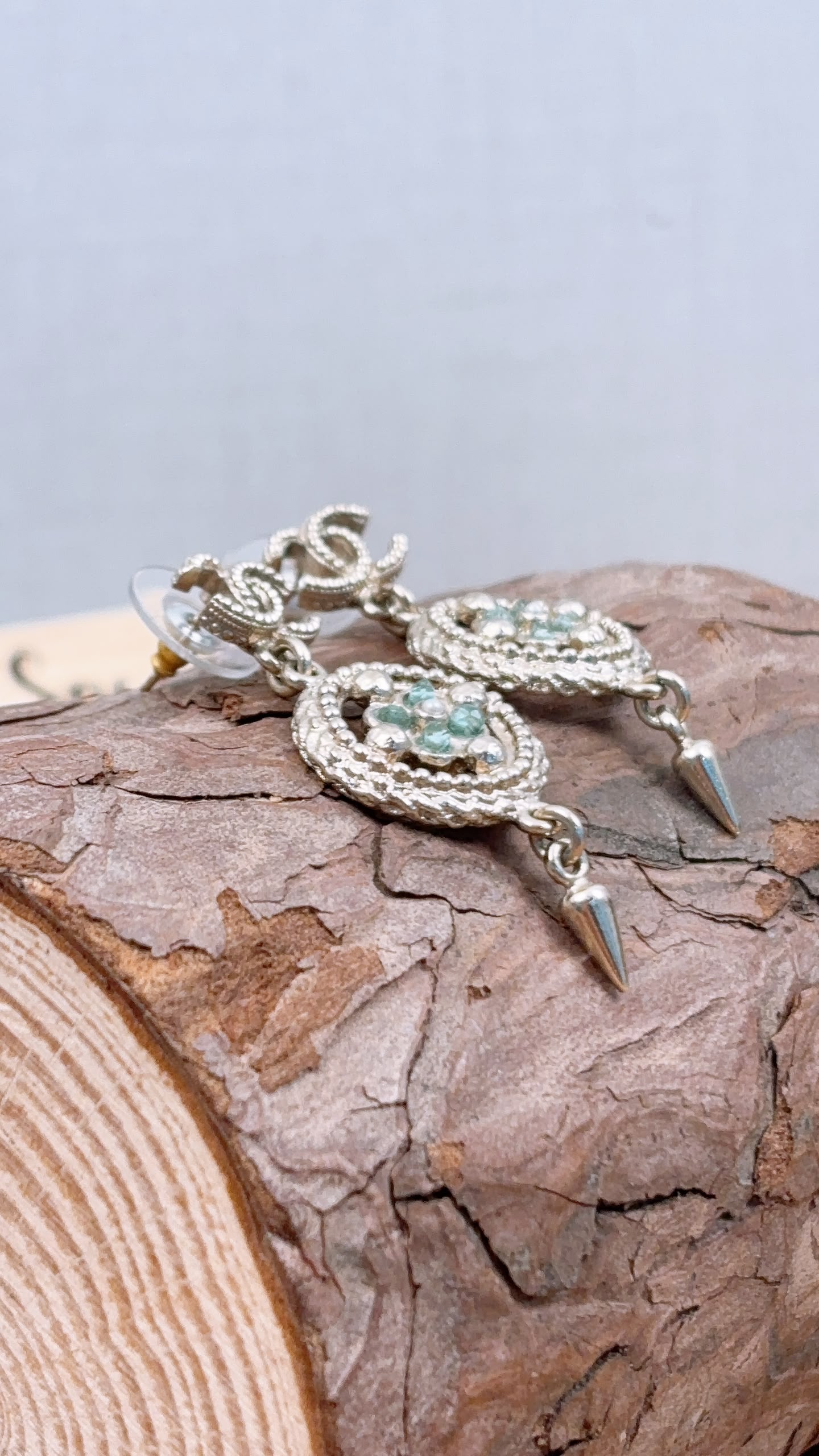 Chanel Light Gold Round Green Crystal Floral Earrings
