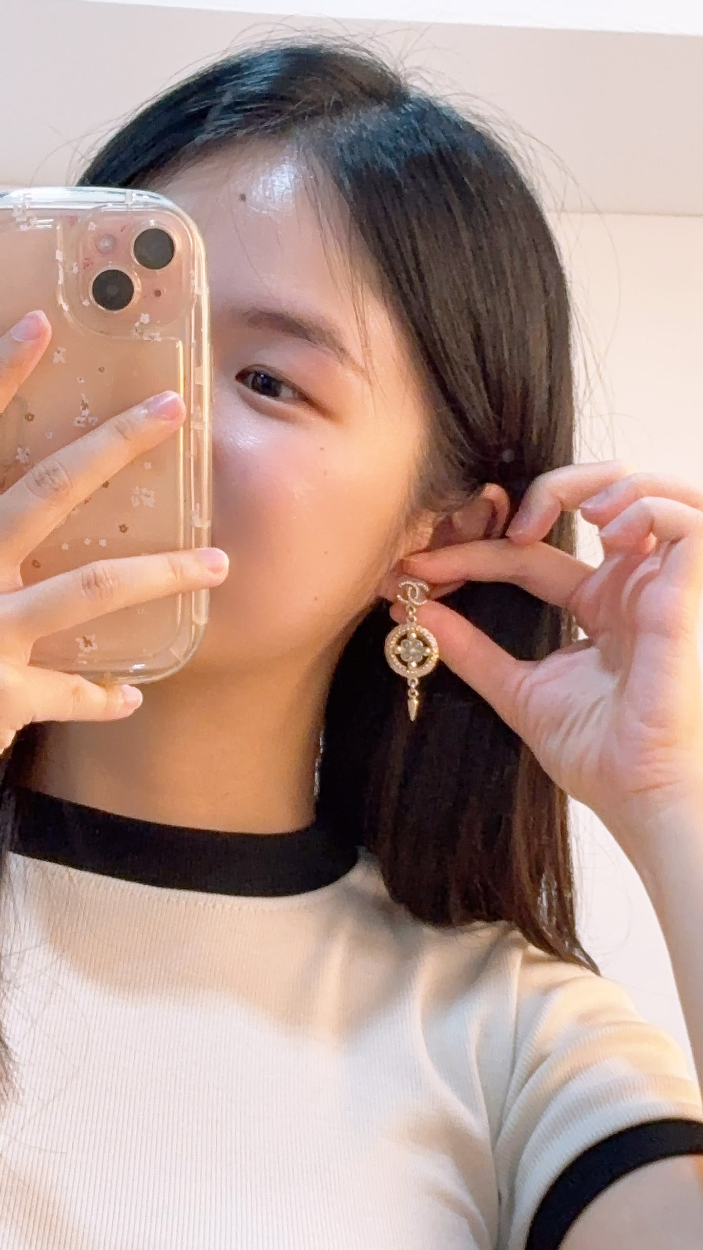 Chanel Light Gold Round Green Crystal Floral Earrings