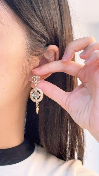 Chanel Light Gold Round Green Crystal Floral Earrings