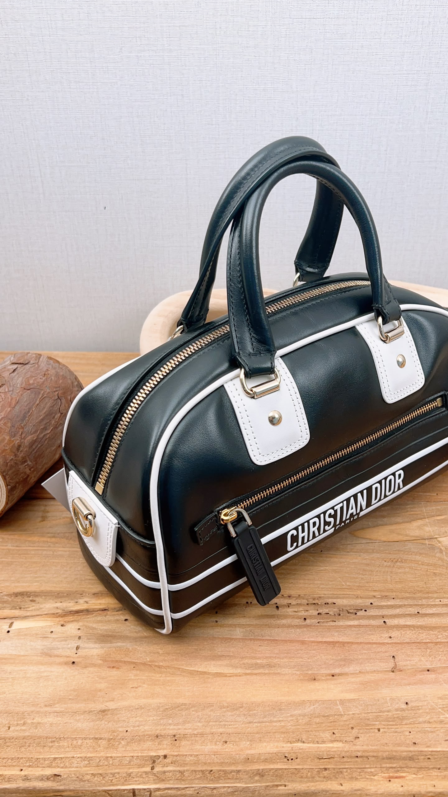 Dior Black x White Calfskin Small Vibe Zip Bowling Bag (GHW)