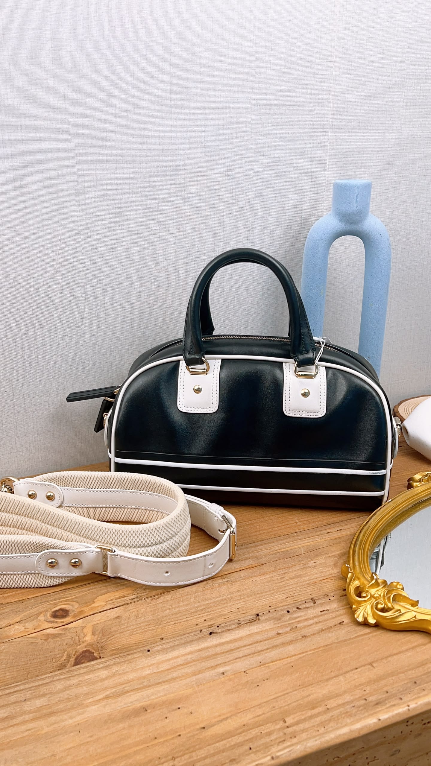 Dior Black x White Calfskin Small Vibe Zip Bowling Bag (GHW)