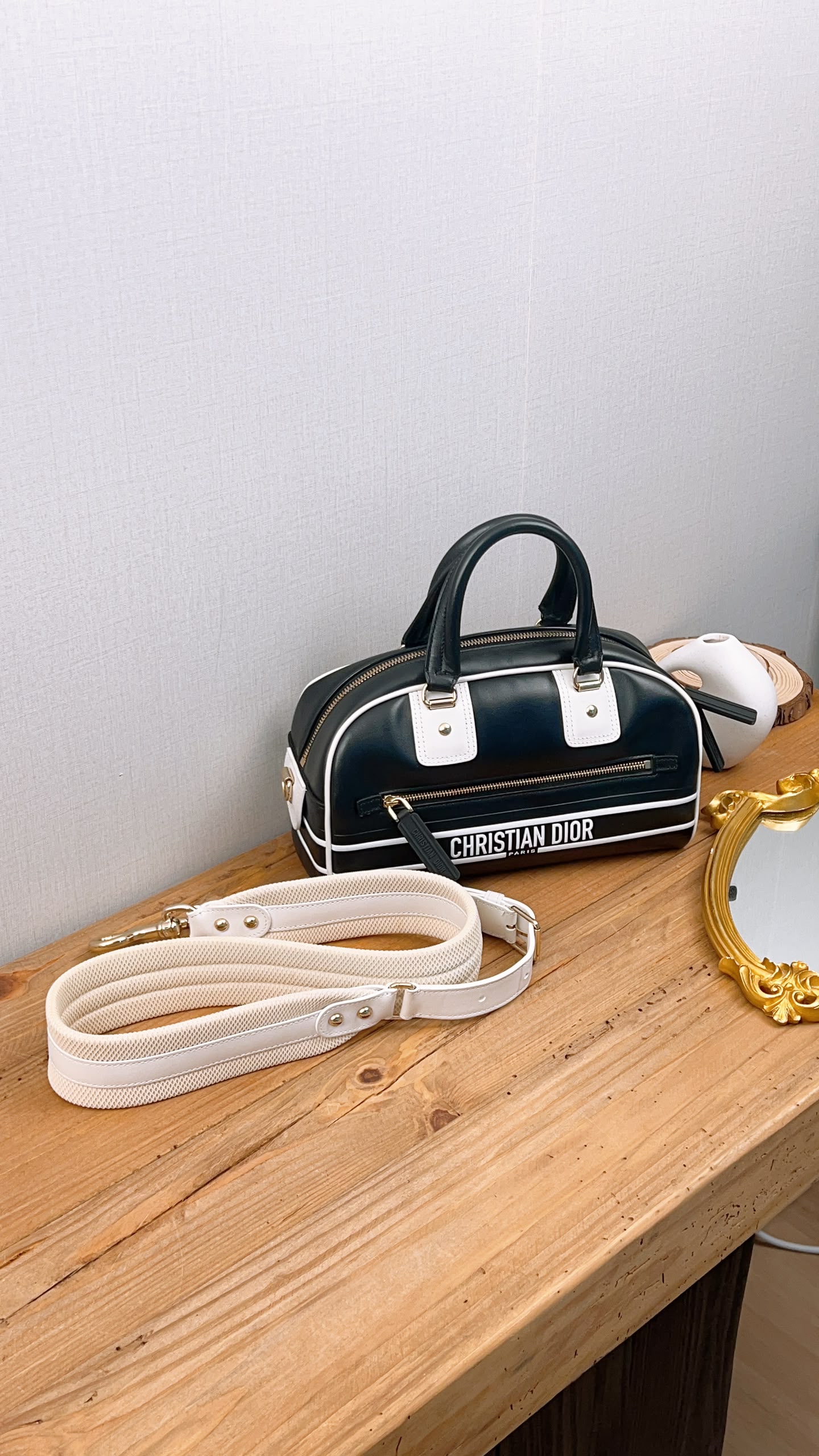 Dior Black x White Calfskin Small Vibe Zip Bowling Bag (GHW)