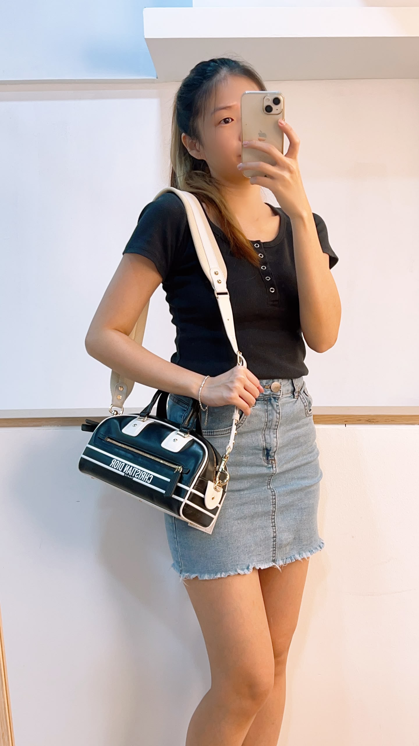 Dior Black x White Calfskin Small Vibe Zip Bowling Bag (GHW)