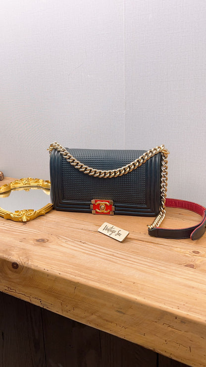 Chanel Navy Cube Embossed Medium Boy (GHW)