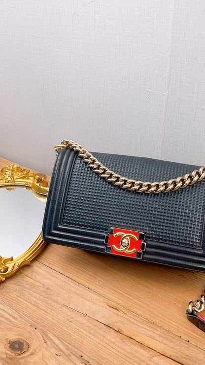 Chanel Navy Cube Embossed Medium Boy (GHW)