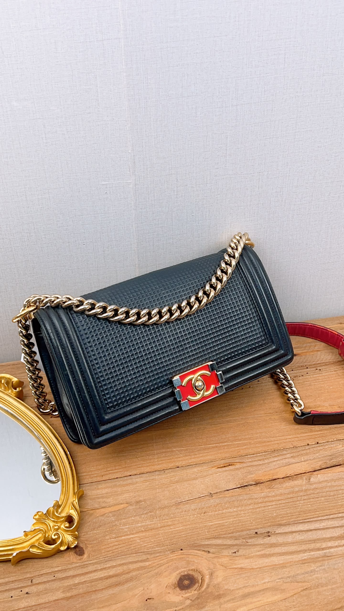 Chanel Navy Cube Embossed Medium Boy (GHW)