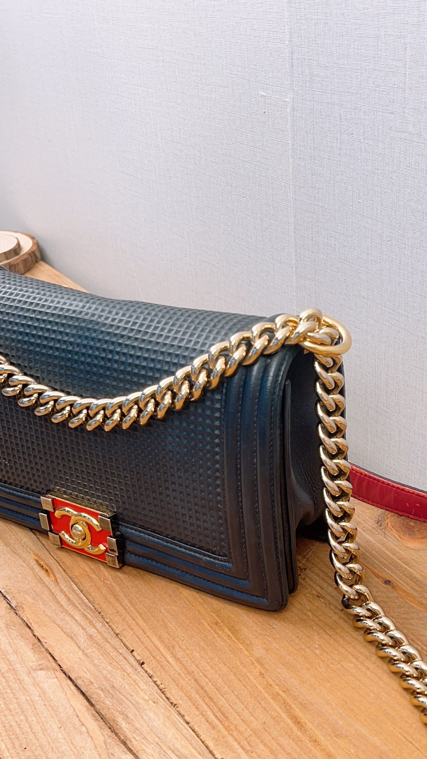 Chanel Navy Cube Embossed Medium Boy (GHW)