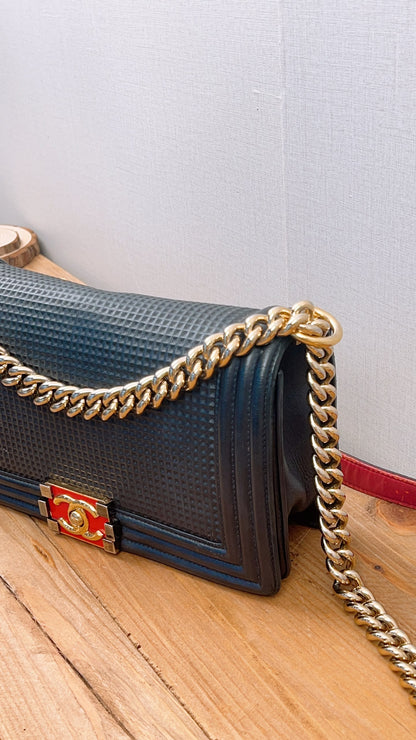 Chanel Navy Cube Embossed Medium Boy (GHW)