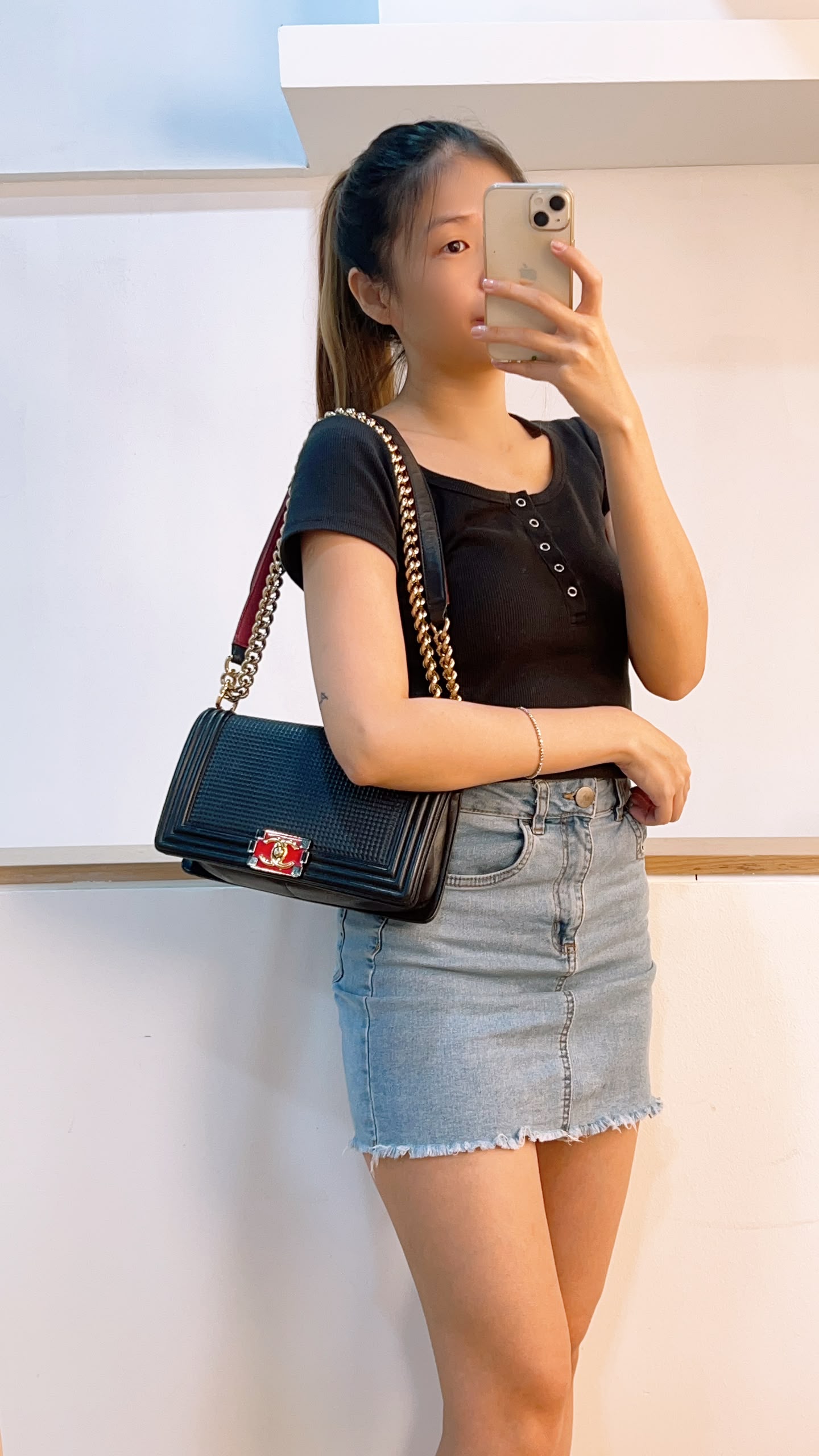 Chanel Navy Cube Embossed Medium Boy (GHW)