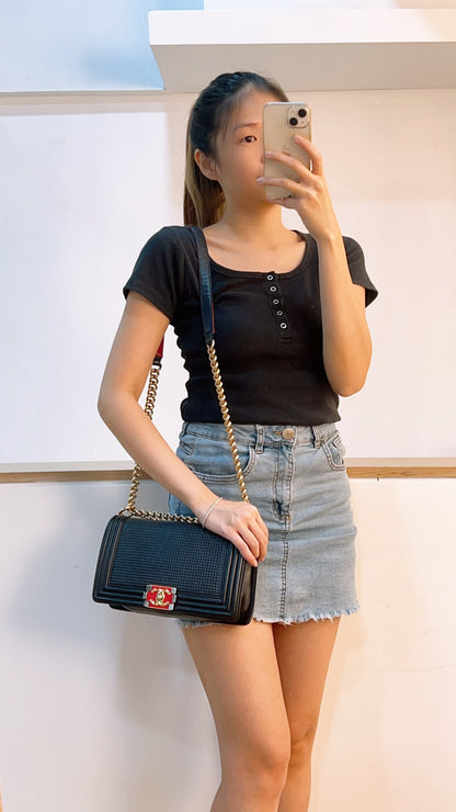 Chanel Navy Cube Embossed Medium Boy (GHW)