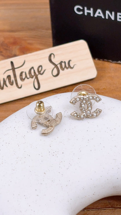 Chanel Light Gold Pearl CC Earrings
