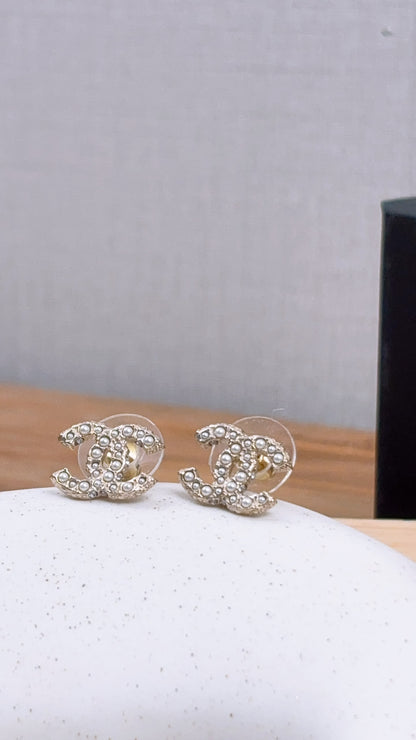 Chanel Light Gold Pearl CC Earrings