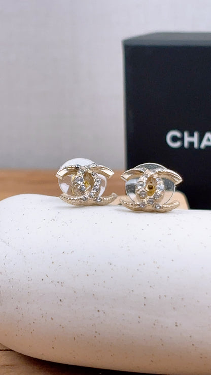 Chanel Light Gold Carved Diamante CC Earrings