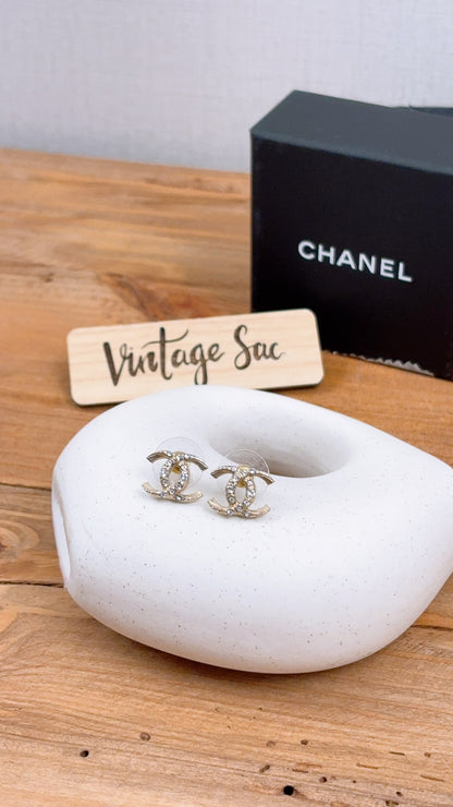 Chanel Light Gold Carved Diamante CC Earrings