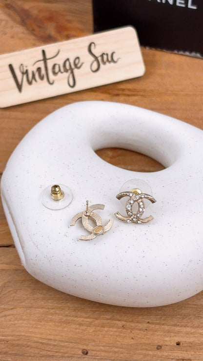 Chanel Light Gold Carved Diamante CC Earrings