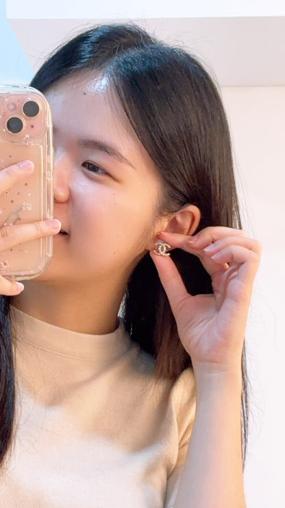 Chanel Light Gold Carved Diamante CC Earrings