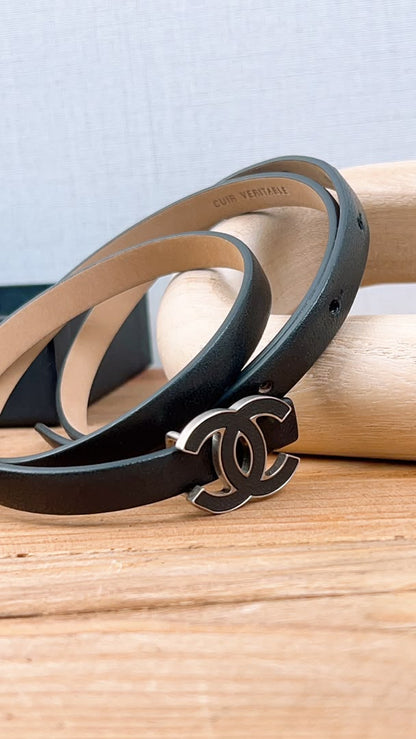 Chanel Black Leather Skinny CC Belt