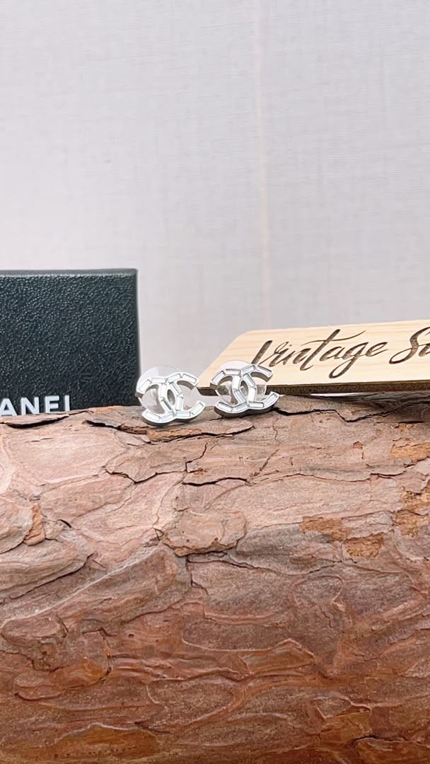 Chanel Silver Crystal CC Earrings