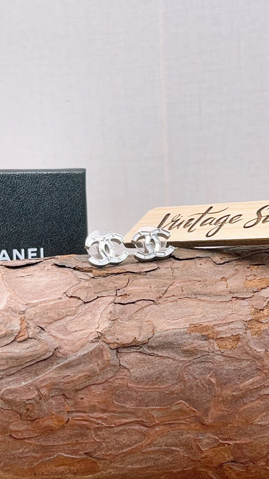 Chanel Silver Crystal CC Earrings