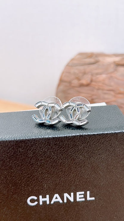 Chanel Silver Crystal CC Earrings