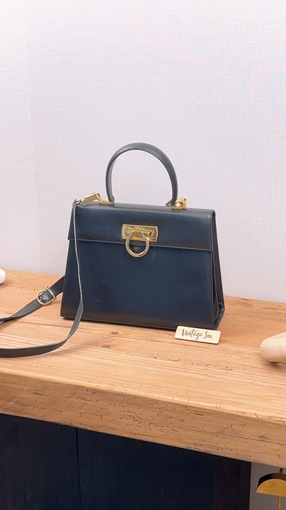 Salvatore Ferragamo Black Box Leather Gancini Vintage Top Handle Bag