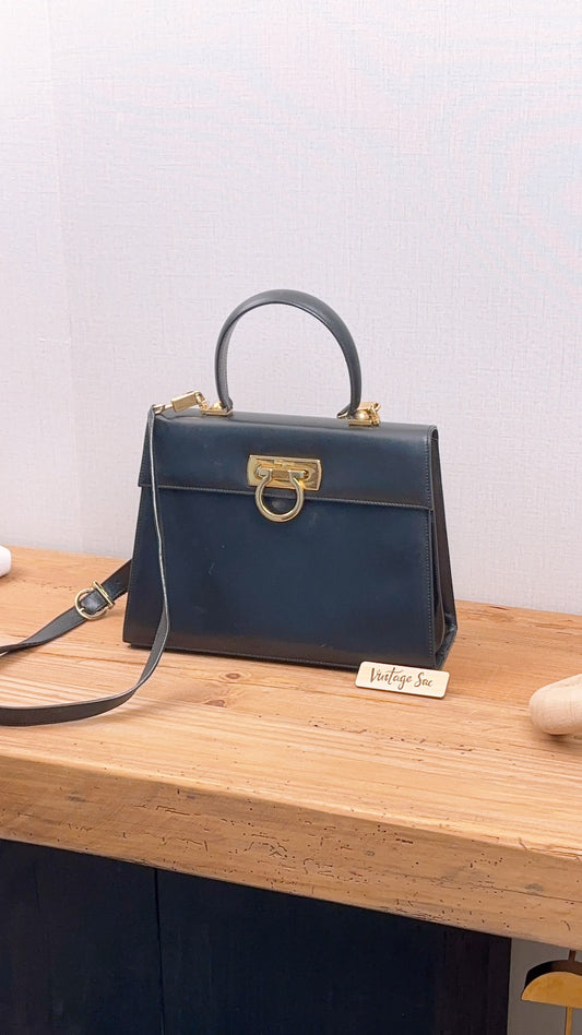 Salvatore Ferragamo Black Box Leather Gancini Vintage Top Handle Bag
