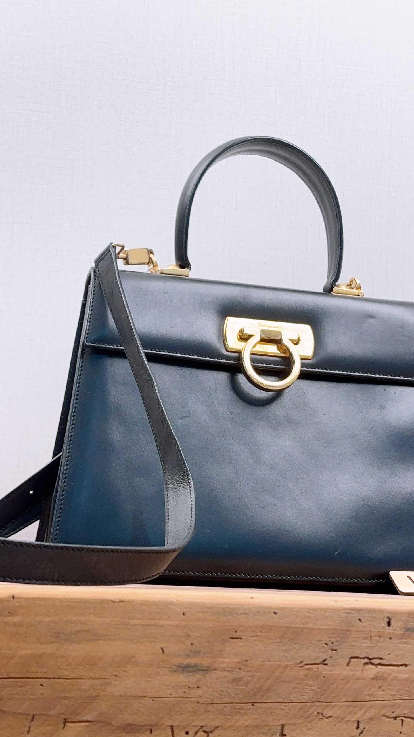 Salvatore Ferragamo Black Box Leather Gancini Vintage Top Handle Bag