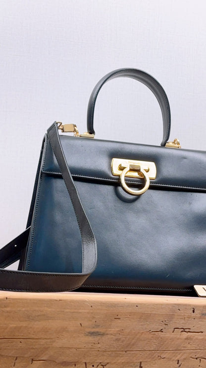 Salvatore Ferragamo Black Box Leather Gancini Vintage Top Handle Bag
